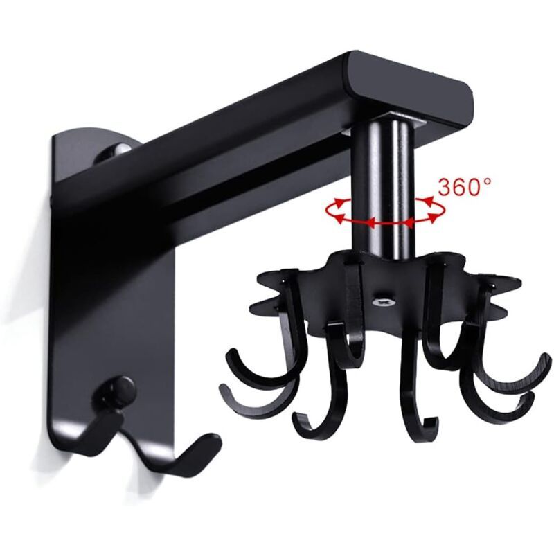 Rotating Wall Hook for Kitchen, 360 Rotatable Kitchen Utensil Holder, Wall Mounted Kitchen Utensil Holder with 8 Hooks for Bathroom and Kitchen, Black - Image 4