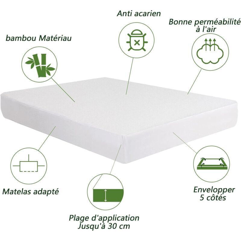 Waterproof Bamboo Mattress Protector, Soft and Hypoallergenic, Anti-Dust Mite and Bacteria, Breathable, 200 x 200 cm, 30 cm - Image 3