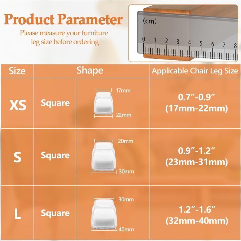 16 Pcs Square Silicone Chair Leg Protectors, Transparent Silicone Floor Protectors for Hardwood and Tile Floors, for Chair Legs with Felt, 32-40 mm - Image 2