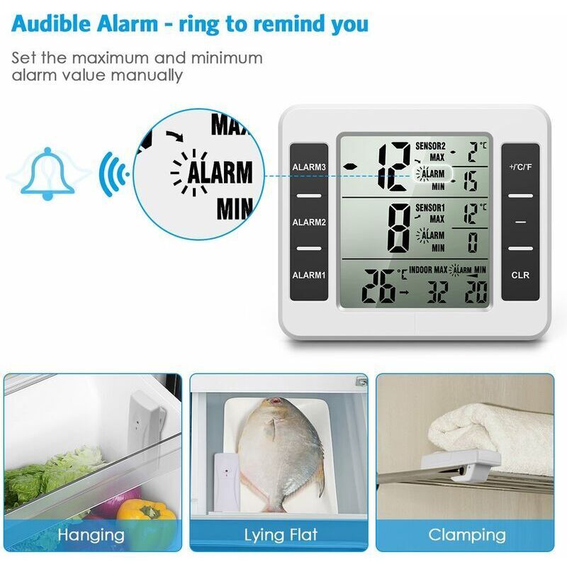 Amir Refrigerator Thermometer, Wireless Indoor Outdoor Thermometer, Temperature Sensor with Audible Alarm, Temperature Gauge for Freezer, Kitchen - Image 2