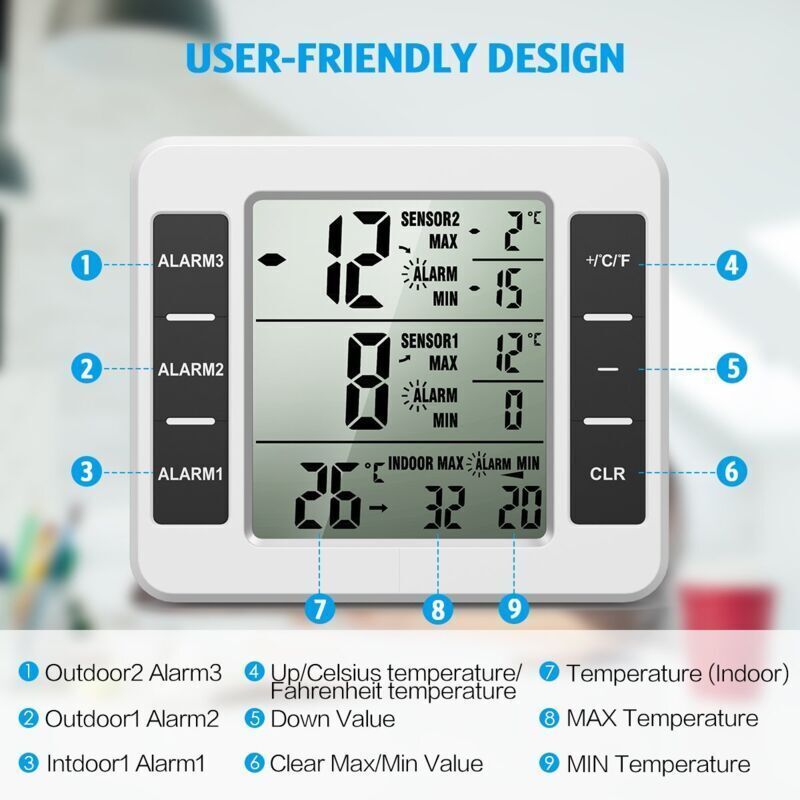 Amir Refrigerator Thermometer, Wireless Indoor Outdoor Thermometer, Temperature Sensor with Audible Alarm, Temperature Gauge for Freezer, Kitchen - Image 4