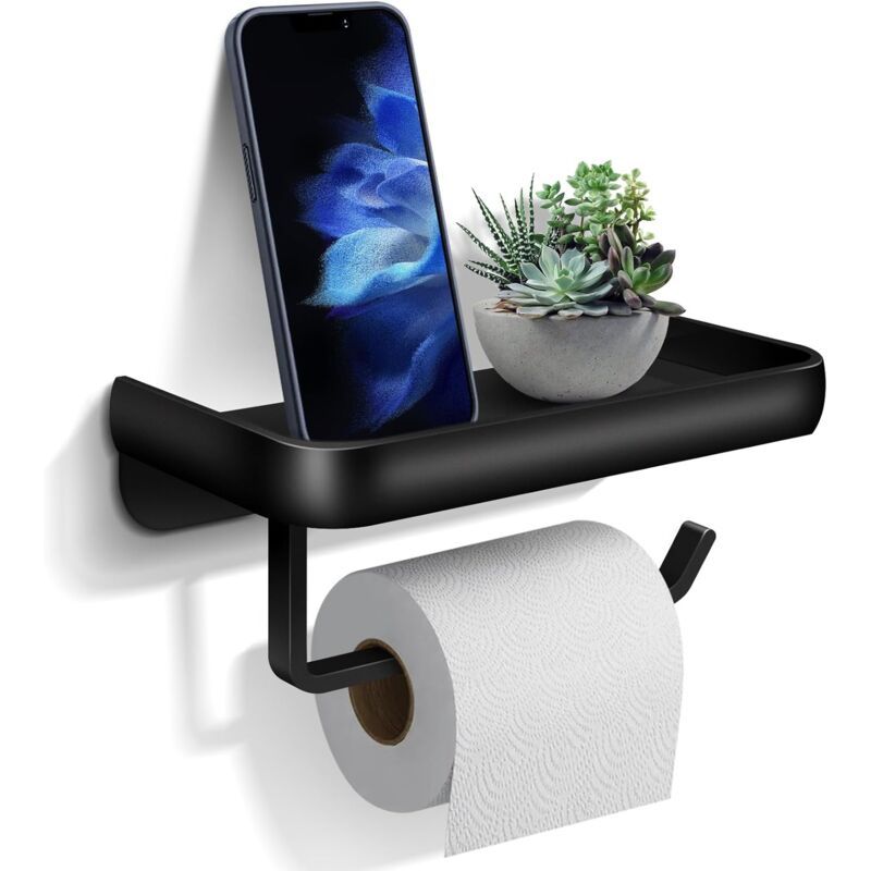 Toilet Paper Holder, Wall-Mounted Toilet Roll Holder with Aluminum Storage Shelf for Bathroom and Kitchen, Black - Image 1