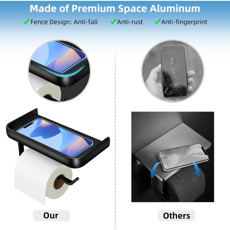 Toilet Paper Holder, Wall-Mounted Toilet Roll Holder with Aluminum Storage Shelf for Bathroom and Kitchen, Black - Image 2