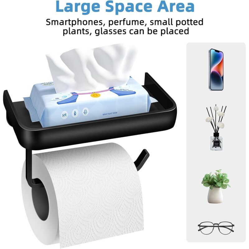 Toilet Paper Holder, Wall-Mounted Toilet Roll Holder with Aluminum Storage Shelf for Bathroom and Kitchen, Black - Image 3