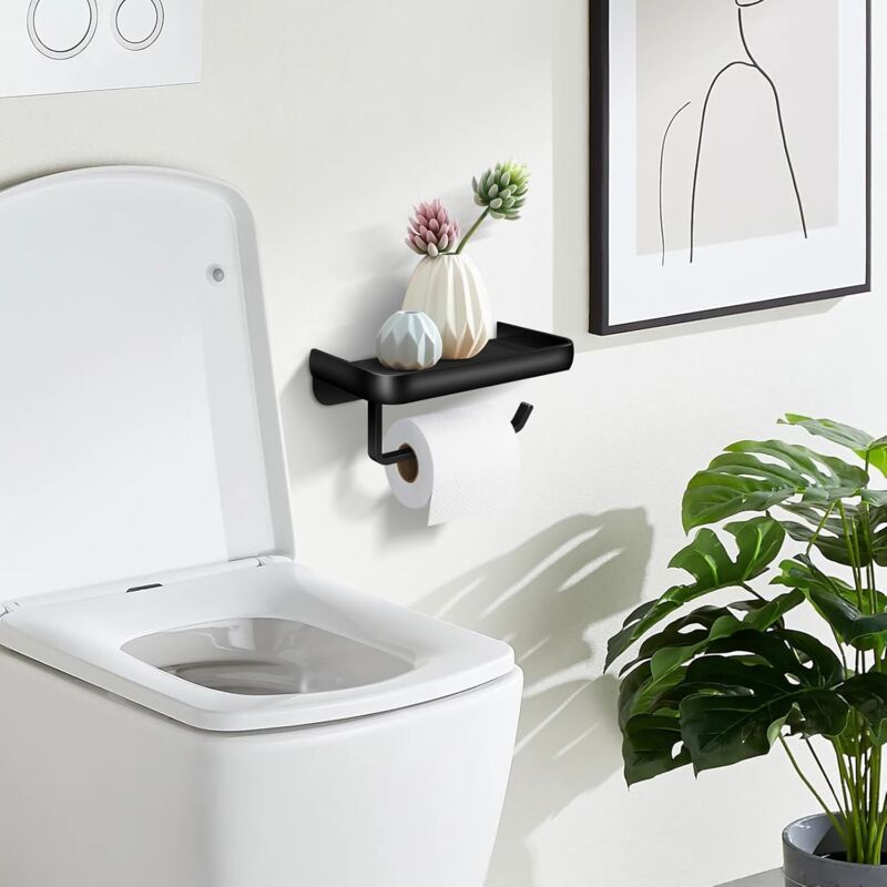 Toilet Paper Holder, Wall-Mounted Toilet Roll Holder with Aluminum Storage Shelf for Bathroom and Kitchen, Black - Image 4