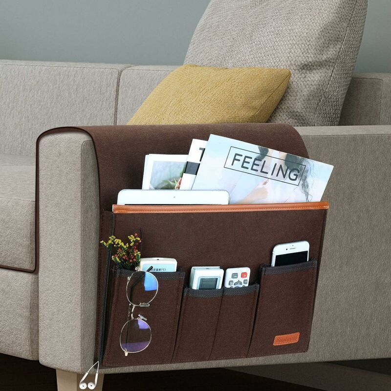 Sofa Armrest Organizer, Storage Chair Bag with 5 Pockets, Chair Cover for Remote Control, iPad, Magazine, Glasses, Brown - Image 1