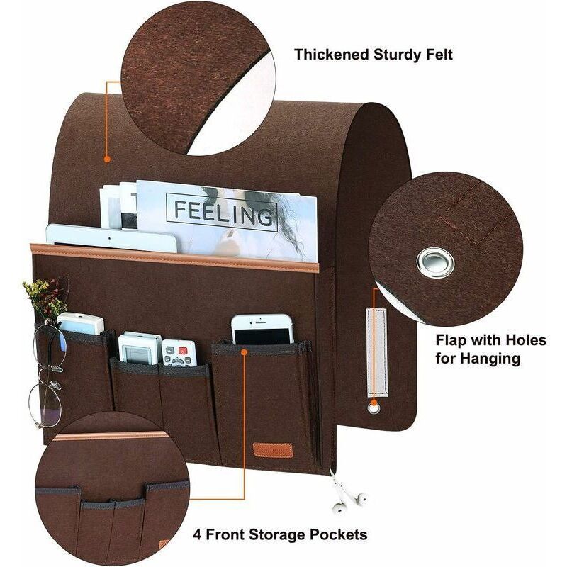 Sofa Armrest Organizer, Storage Chair Bag with 5 Pockets, Chair Cover for Remote Control, iPad, Magazine, Glasses, Brown - Image 4