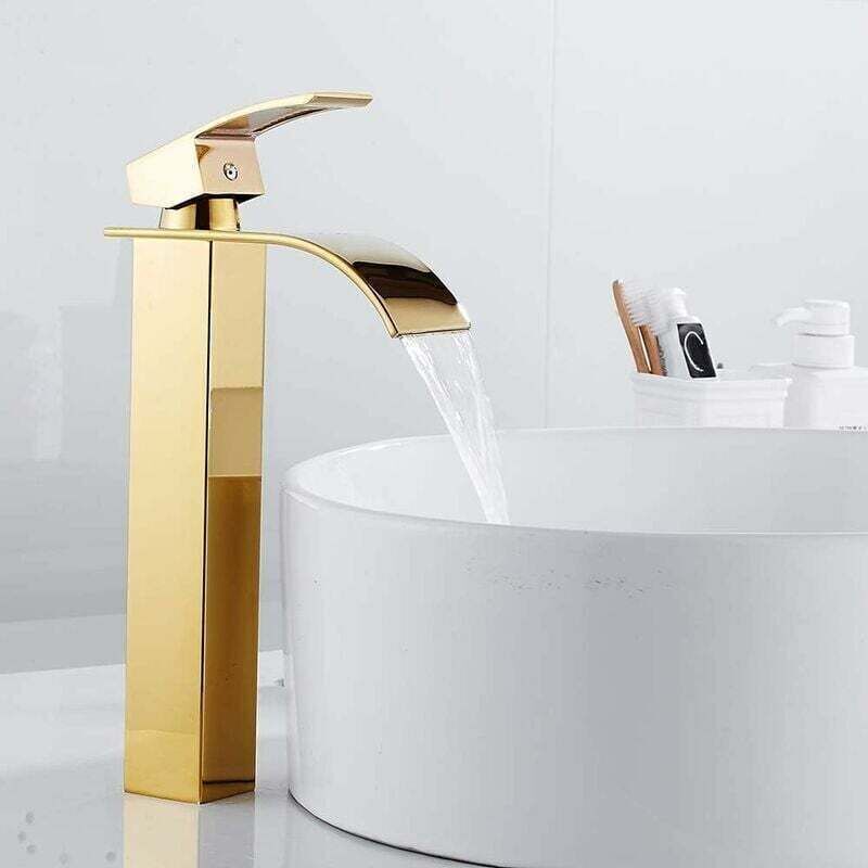 Waterfall Basin Tap, Flat Spout Sink Mixer Tap, Hot and Cold Water Available Bathroom Tap, Modern Chrome Style, Top, Gold, 750G - Image 1