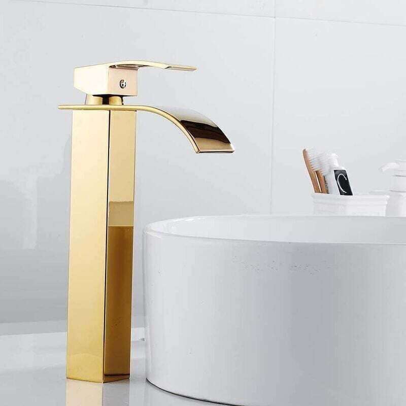 Waterfall Basin Tap, Flat Spout Sink Mixer Tap, Hot and Cold Water Available Bathroom Tap, Modern Chrome Style, Top, Gold, 750G - Image 3