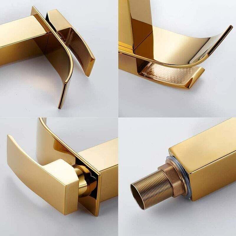 Waterfall Basin Tap, Flat Spout Sink Mixer Tap, Hot and Cold Water Available Bathroom Tap, Modern Chrome Style, Top, Gold, 750G - Image 4