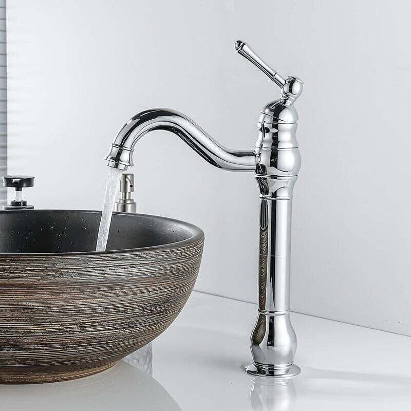 Retro Swivel Basin Mixer Tap, 360 Degree Rotating, Single Lever, High Spout, Hot and Cold Water, Chrome - Image 1