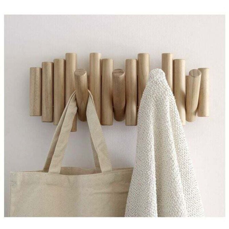 Wall-Mounted Coat Rack with 5 Hooks, Made of Natural Wood, 37.1 x 16.5 x 4.4 cm - Image 2