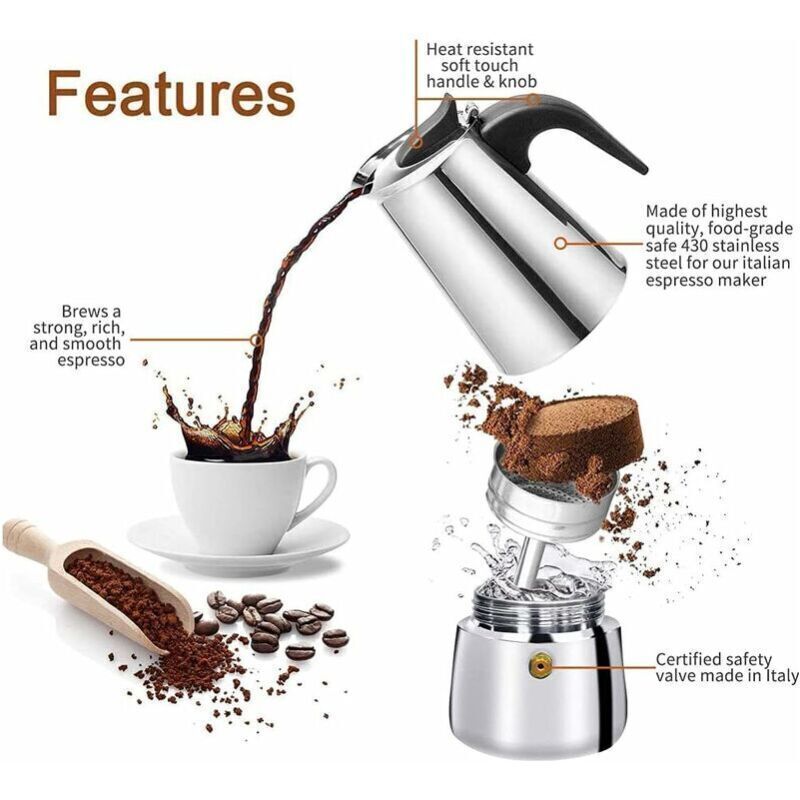 Italian Coffee Maker, 2 Cup Stainless Steel Compatible with All Stovetops, 100 ml - Image 4