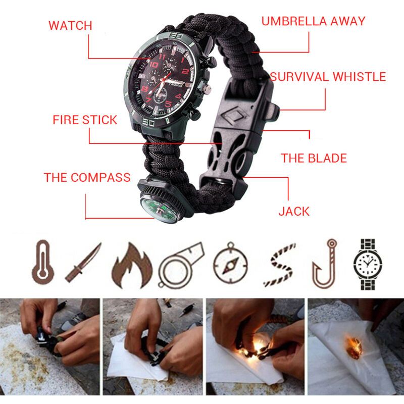 Outdoor Camping Survival Watch Multifunction Bracelet Tool Kit Compass Rope Whistle Paracord - Image 2
