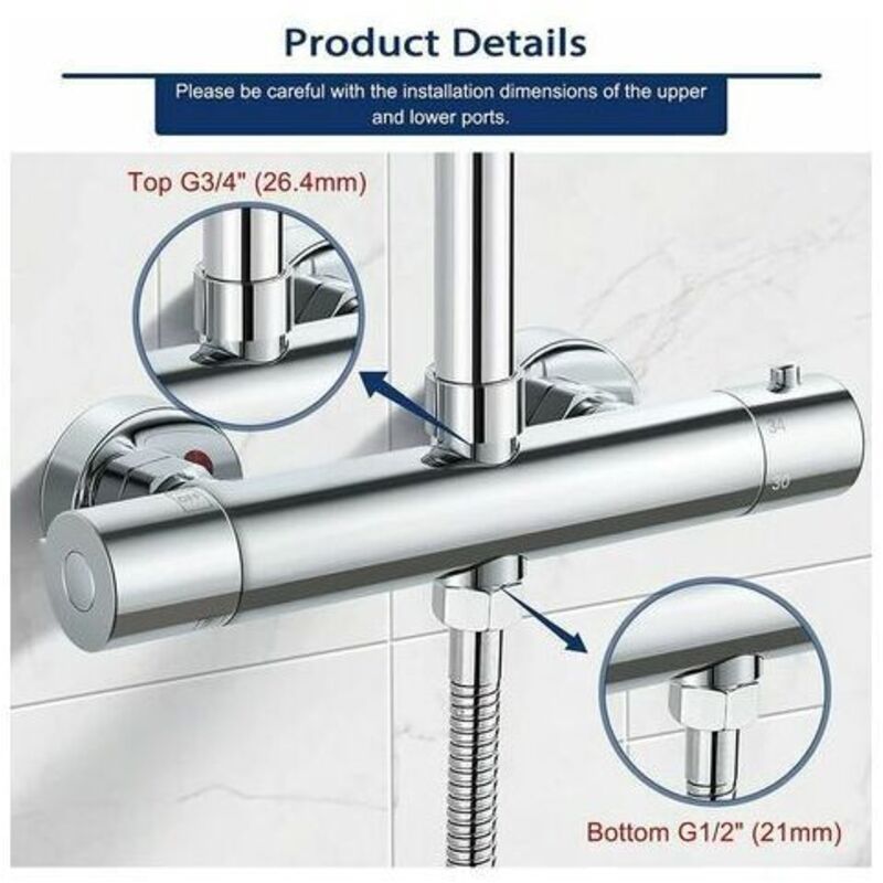 Thermostatic Column, Brass Shower Faucet High G3 4, Low G1 2, 26.4 mm, 21 mm, 150 mm - Image 2