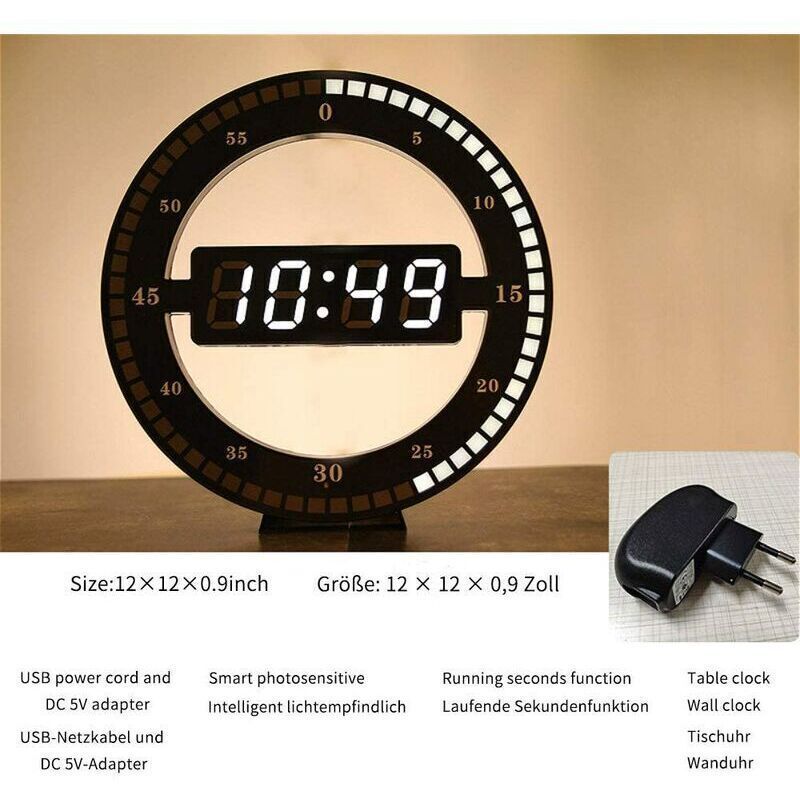 Silent LED Digital Table Clock, Black Electronic Wall Clock, Round Desk Clock, for Bedroom, Living Room and Office, 30 cm - Image 4