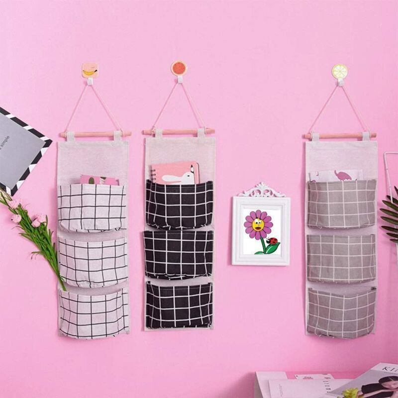 3 Pcs Hanging Storage Bag with 3 Pockets, Fabric Wall Shelf Basket Storage Pouch Organizer for Bedroom Bathroom Kitchen, Waterproof and Stylish - Image 3