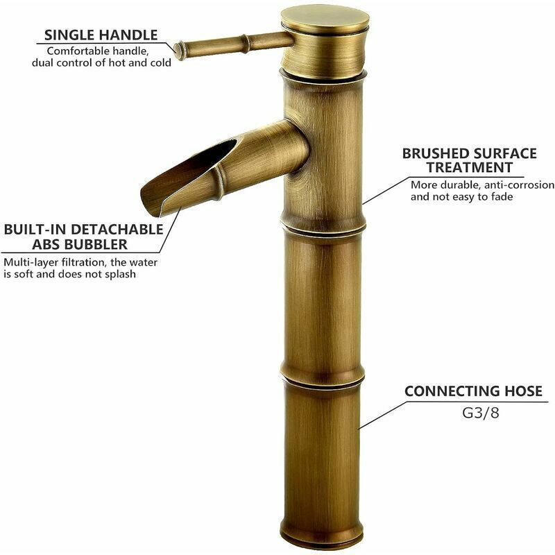 High Bamboo Faucet, Waterfall Basin Mixer Tap, Single Hole Hot and Cold Water Available, Bronze Bathroom Faucet, 3 Joints Break Mouth, 30 x 81 x 20 mm - Image 3