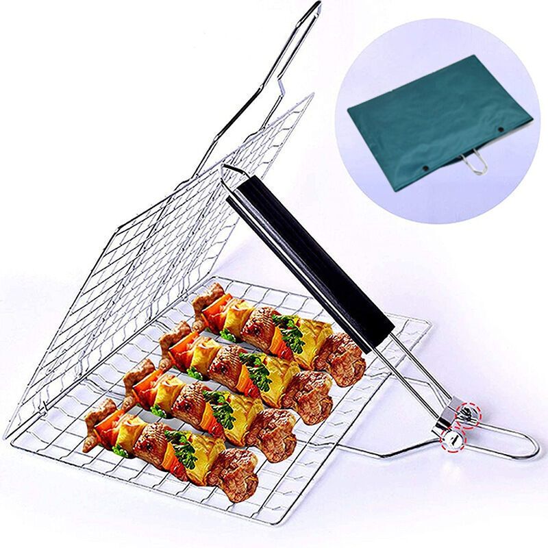 Grilling Basket, Stainless Steel Barbecue Basket, Barbecue Grill Basket, Foldable Stainless Steel Fish Basket with Removable Handle for Fish, Steak - Image 1