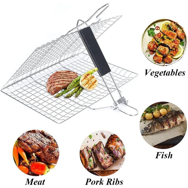 Grilling Basket, Stainless Steel Barbecue Basket, Barbecue Grill Basket, Foldable Stainless Steel Fish Basket with Removable Handle for Fish, Steak - Image 3
