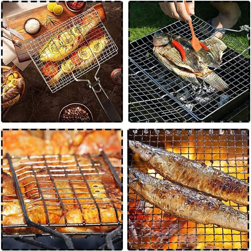 Grilling Basket, Stainless Steel Barbecue Basket, Barbecue Grill Basket, Foldable Stainless Steel Fish Basket with Removable Handle for Fish, Steak - Image 4