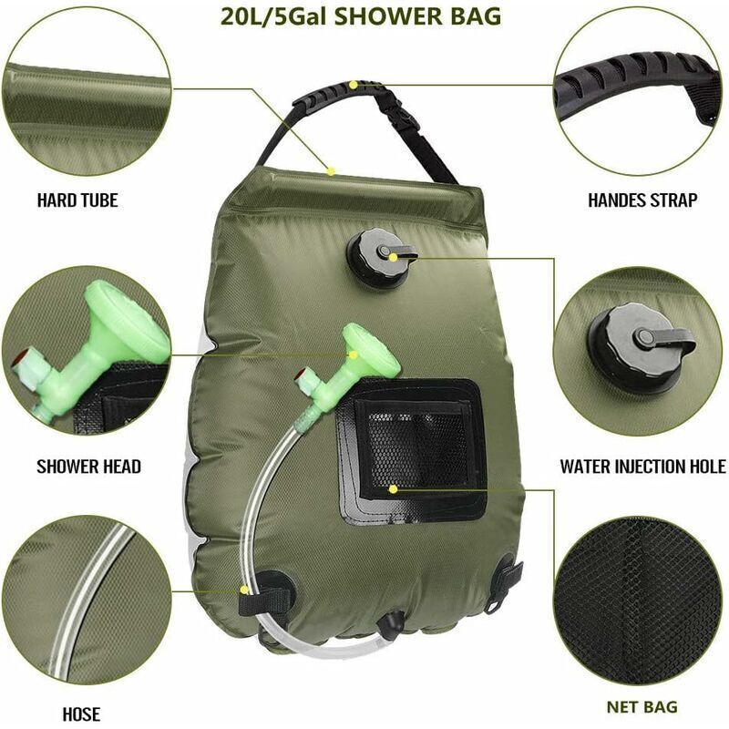 Solar Camping Shower Bag, Solar Portable Shower Bag, Outdoor Foldable Water Bag with Switchable Shower Head Solar Water Heater for Hiking, 20 L - Image 4
