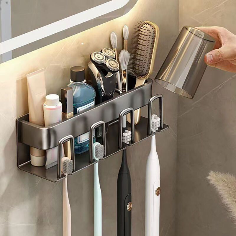 Electric Toothbrush Holder No Drilling Wall Mounted Space Saving Electric Toothbrush Holder Bathroom Accessories Grey 4 Cups - Image 3