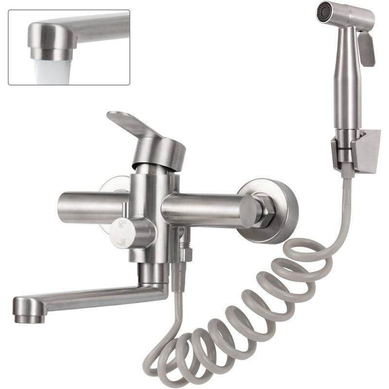 Wall Mounted Kitchen Faucet, Wall Mounted Kitchen Mixer Tap with Spray Gun, 360 Degree Swivel Mixer Tap, Rotatable Tube, Stainless Steel, 23 cm - Image 1
