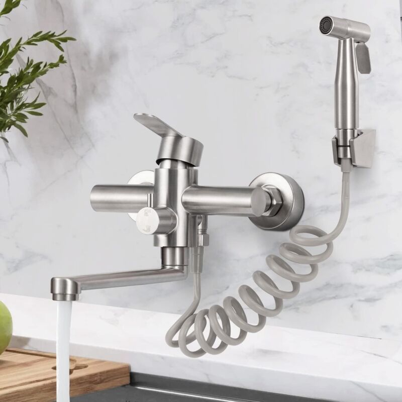 Wall Mounted Kitchen Faucet, Wall Mounted Kitchen Mixer Tap with Spray Gun, 360 Degree Swivel Mixer Tap, Rotatable Tube, Stainless Steel, 23 cm - Image 2
