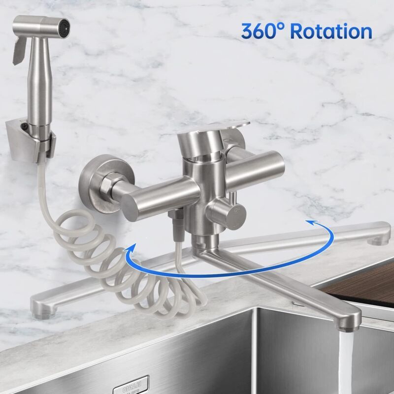 Wall Mounted Kitchen Faucet, Wall Mounted Kitchen Mixer Tap with Spray Gun, 360 Degree Swivel Mixer Tap, Rotatable Tube, Stainless Steel, 23 cm - Image 3