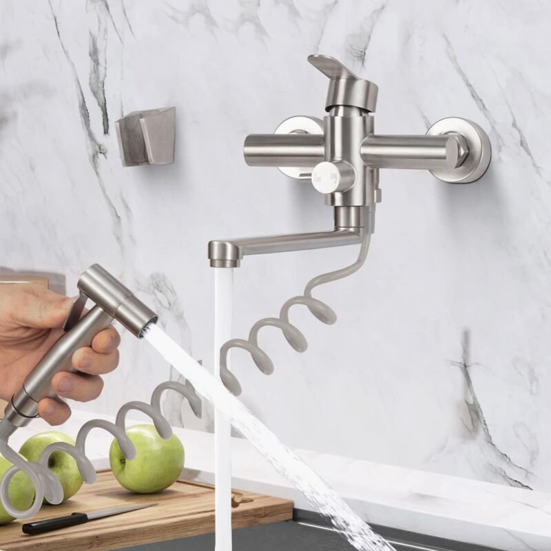 Wall Mounted Kitchen Faucet, Wall Mounted Kitchen Mixer Tap with Spray Gun, 360 Degree Swivel Mixer Tap, Rotatable Tube, Stainless Steel, 23 cm - Image 4