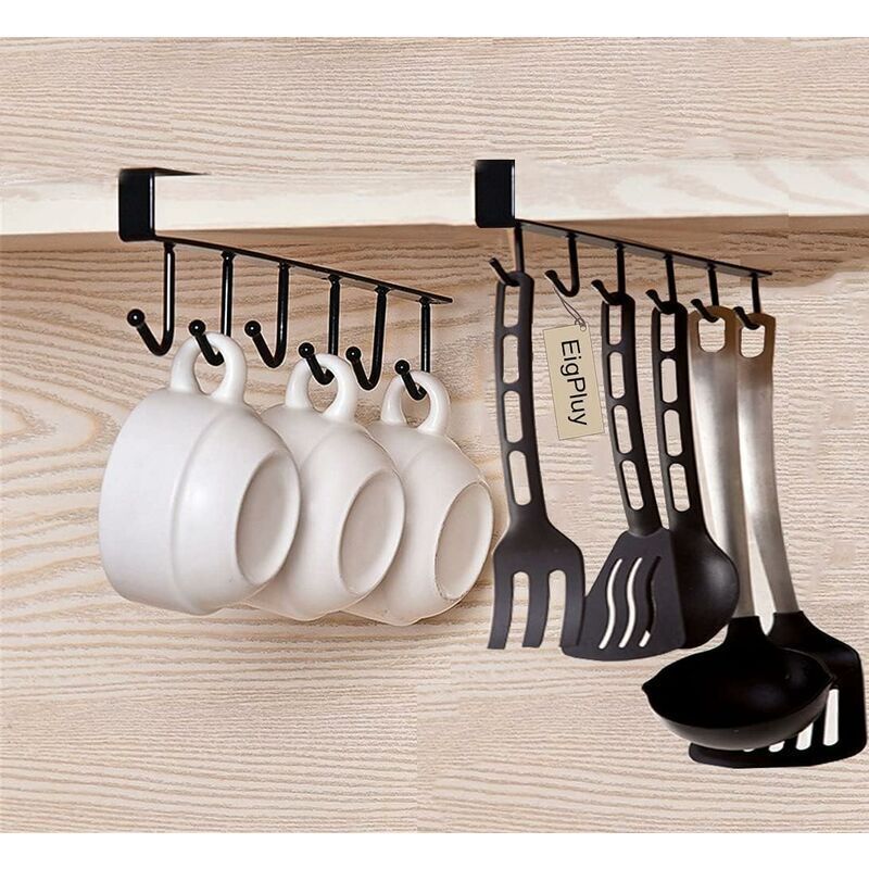 2 Pack Storage Hooks for Glasses, Kitchen Utensils, Tooth and Scarf, Bottom Hook for Cabinet, No Drilling Required, Black - Image 1