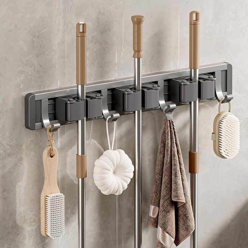Aluminum Wall Mounted Broom Holder, No Drilling, Adhesive Holder with Hook, Storage, Tool Holder for Kitchen, Garage, Garden, Bathroom, Grey - Image 1