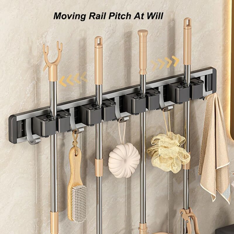 Aluminum Wall Mounted Broom Holder, No Drilling, Adhesive Holder with Hook, Storage, Tool Holder for Kitchen, Garage, Garden, Bathroom, Grey - Image 2