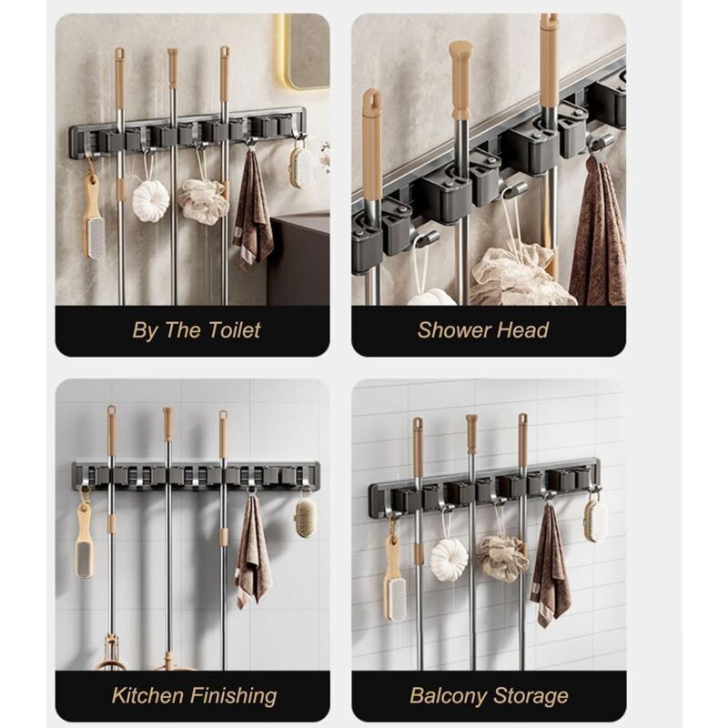 Aluminum Wall Mounted Broom Holder, No Drilling, Adhesive Holder with Hook, Storage, Tool Holder for Kitchen, Garage, Garden, Bathroom, Grey - Image 4