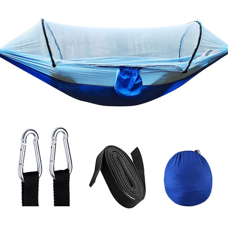 Camping Hammock with 210T Nylon Taffeta Net, Automatic Quick Open Hammock Tent for Outdoor, Light Blue, 260 x 140 cm - Image 1