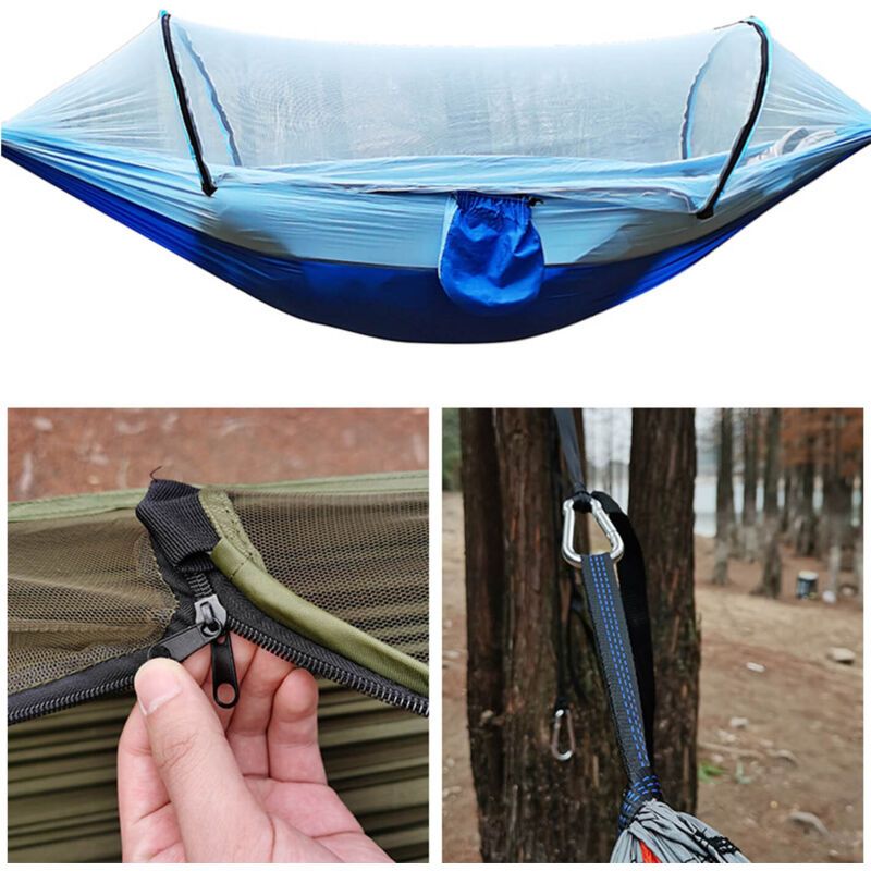 Camping Hammock with 210T Nylon Taffeta Net, Automatic Quick Open Hammock Tent for Outdoor, Light Blue, 260 x 140 cm - Image 3