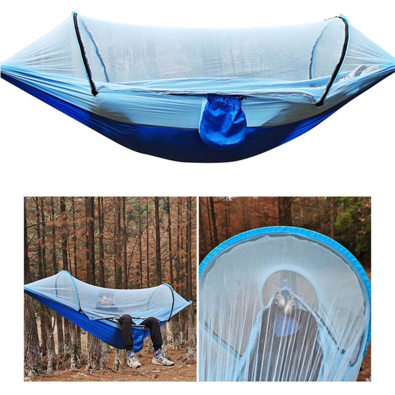 Camping Hammock with 210T Nylon Taffeta Net, Automatic Quick Open Hammock Tent for Outdoor, Light Blue, 260 x 140 cm - Image 4