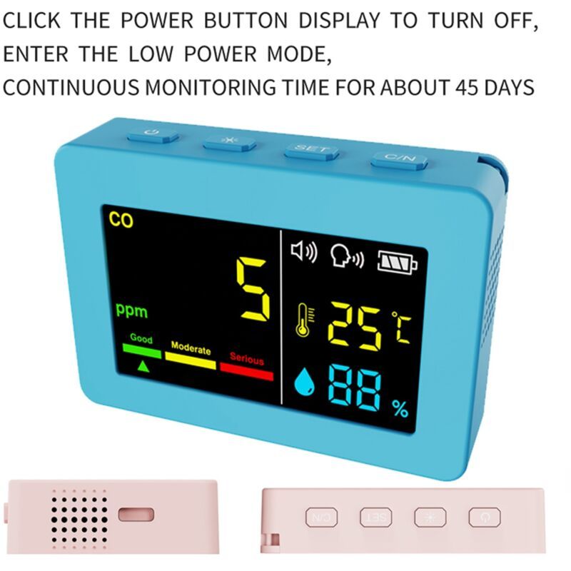 3-in-1 Portable Air Quality Meter, CO, Temperature and Humidity, Color Screen, Carbon Monoxide Detector with Voice Alarm and Battery Display - Image 3