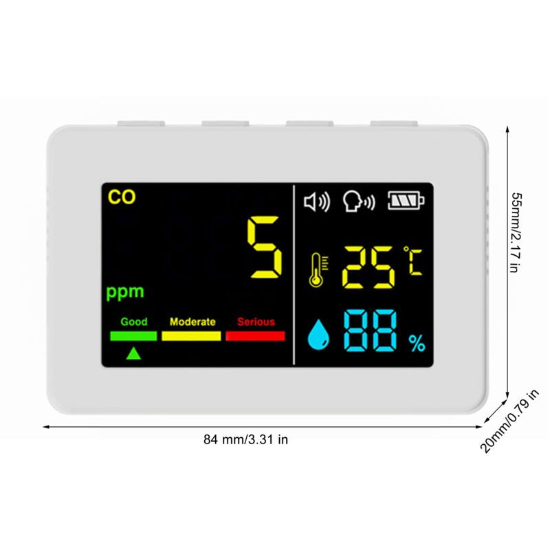 3-in-1 Portable Air Quality Meter, CO, Temperature and Humidity, Color Screen, Carbon Monoxide Detector with Voice Alarm and Battery Display - Image 2