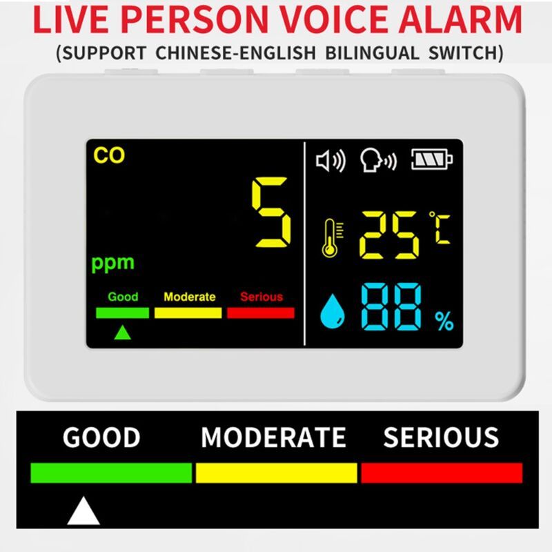3-in-1 Portable Air Quality Meter, CO, Temperature and Humidity, Color Screen, Carbon Monoxide Detector with Voice Alarm and Battery Display - Image 3