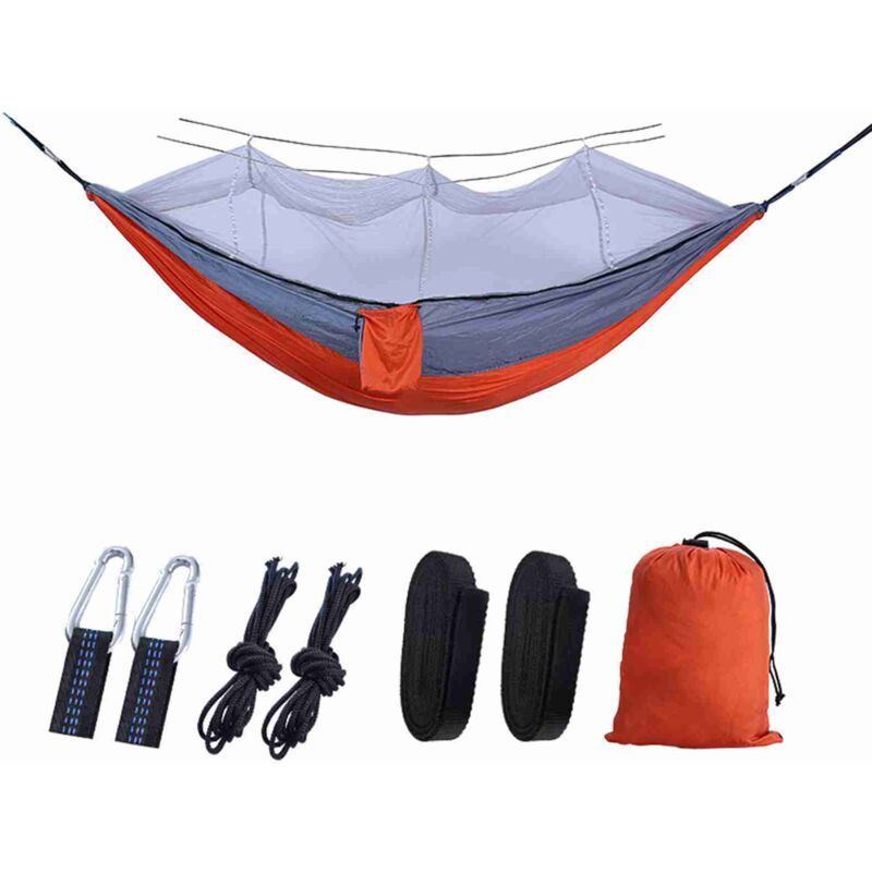 Automatic Quick Open Hammock with Mosquito Net Portable Outdoor Camping Hammock Anti-Rollover Nylon Hammock, Orange and Gray, 260 x 140 cm - Image 1