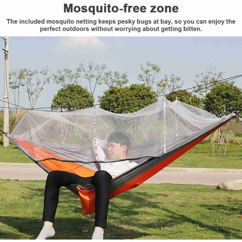 Automatic Quick Open Hammock with Mosquito Net Portable Outdoor Camping Hammock Anti-Rollover Nylon Hammock, Orange and Gray, 260 x 140 cm - Image 4
