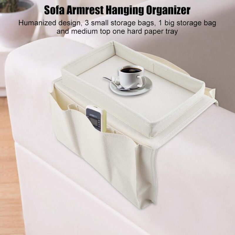 Sofa Chair Armrest Organizer, Non-Slip Armrest Organizer for Phone, Book, Magazines, TV Remote Control, Beige - Image 1