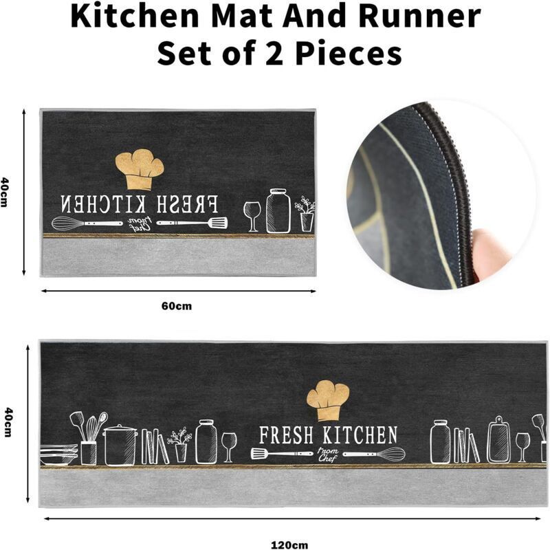 2 Pack Washable Kitchen Rugs, Pattern, Non-Slip Kitchen Mat, for Kitchen, Dining Room, Chef Hat, 40 x 120 cm, 40 x 60 cm - Image 2
