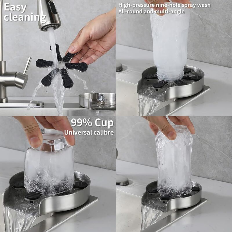 Glass Rinser for Kitchen Sink, Stainless Steel Glass Rinser, Water Bottle and Coffee Cup Cleaner, Glass Cleaning Tool for Home, Restaurant and Bar - Image 2
