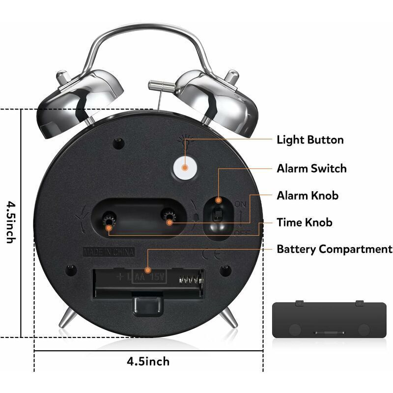 Loud Alarm Clock for Adults Heavy Sleepers, Silent Quartz with Backlight, Twin Bell, Grey, 4 Inch - Image 4