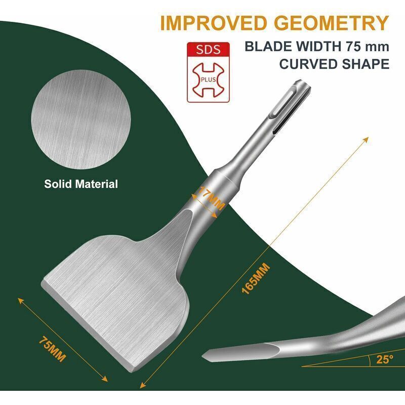 Tile Chisel, Chisel, 25 Degree Curve, Flat Tile Chisel, Professional Tile Chisel for Impact Hammers and Electric Hammers, 165 x 75 mm - Image 2