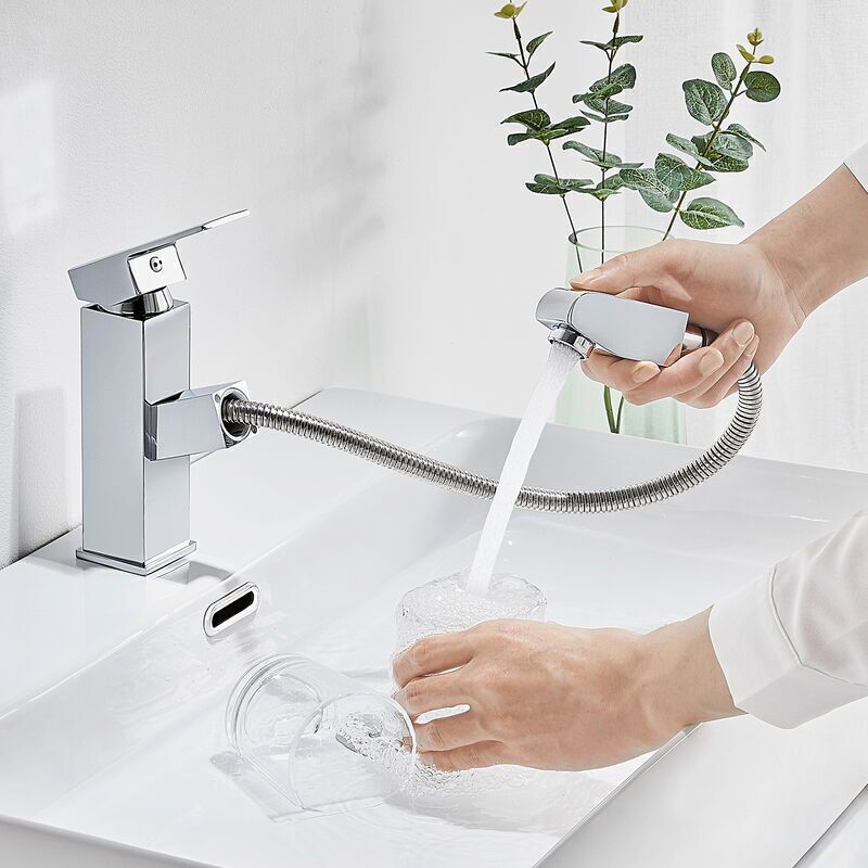 Basin Mixer Tap with Pull-Out Spray Chrome Modern Bathroom Sink Faucet for Washbasin and Basin - Image 1