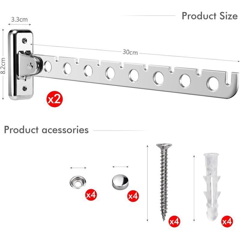2 Pack Stainless Steel Folding Wall Mounted Clothes Drying Racks, Wall Mounted Foldable Clothes Hanger with Screws and Plugs for Bedroom Living Room - Image 2